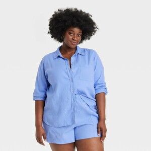 Linen Long Sleeve Collared Button-Down Shirt - Blue XXL